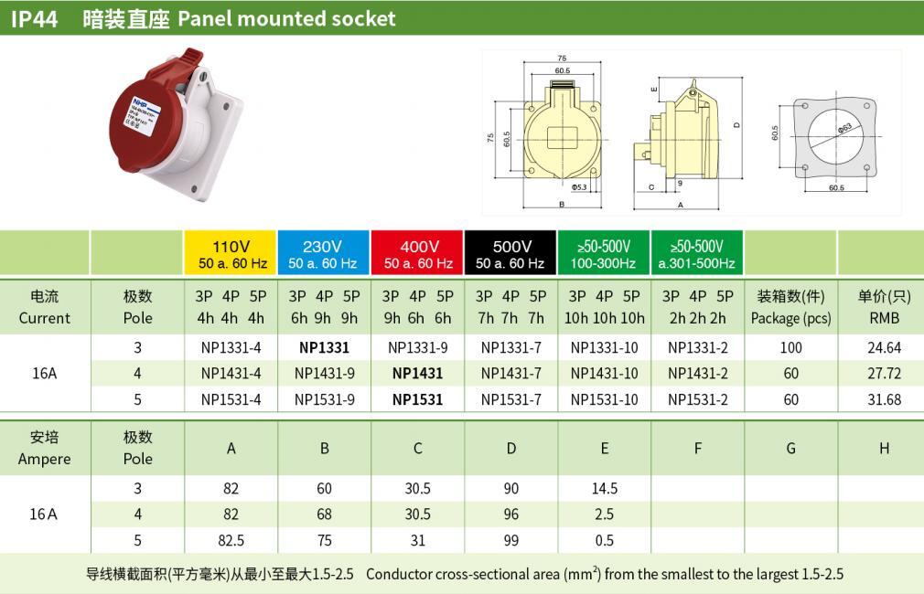 16A/3P PE/IP44 Industrial Sockets